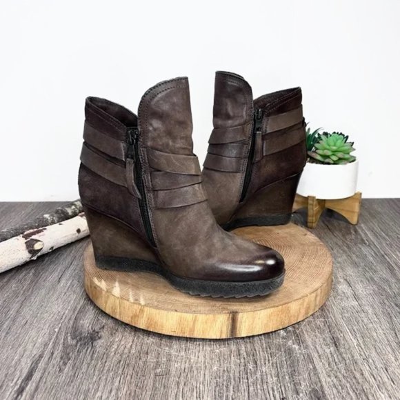 *Miz Mooz | Narcissa Brown Leather Wedge Bootie with Ankle Straps Size 38/7.5-8 - Picture 9 of 15